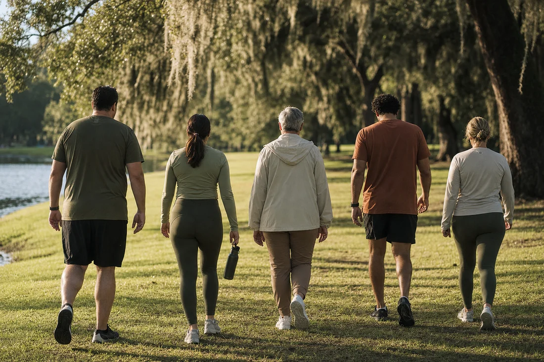 A group of five walking away from the camera along the grass beside the pond at Eastgate Park