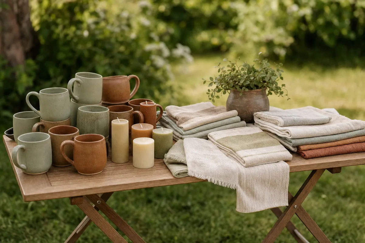 A wooden table of handmade ceramics, candles and linens set up on the grass