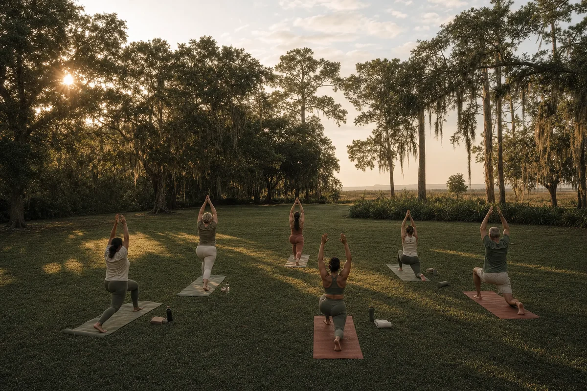A small guided class on mats under the live oaks, seen from behind at sunrise