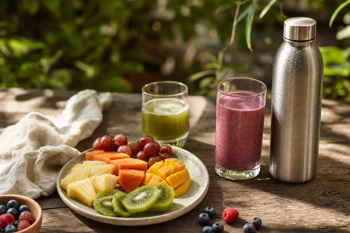 Cut fruit, a green juice, a smoothie and a cold water bottle on a wooden table outdoors