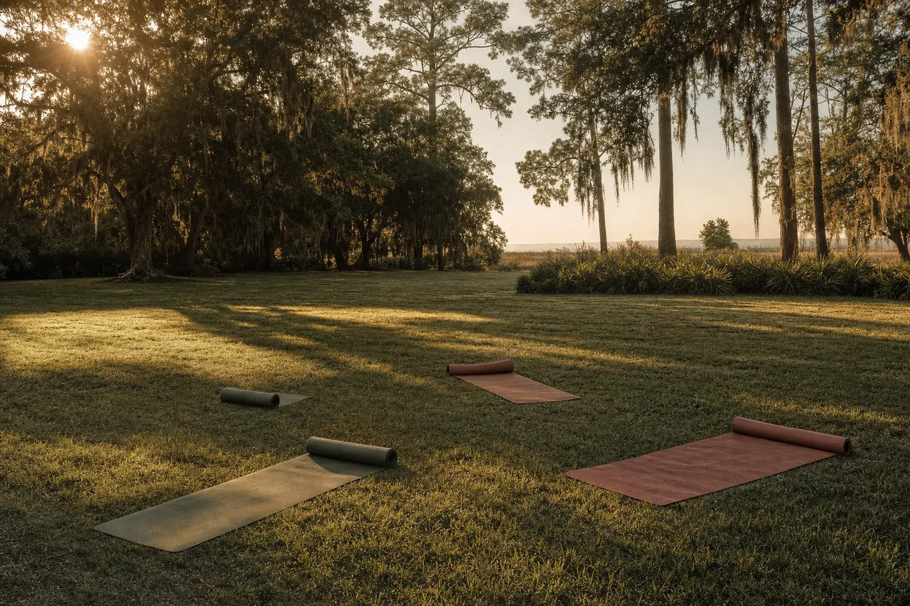 An open park lawn with a few rolled olive and clay colored mats laid out on the grass